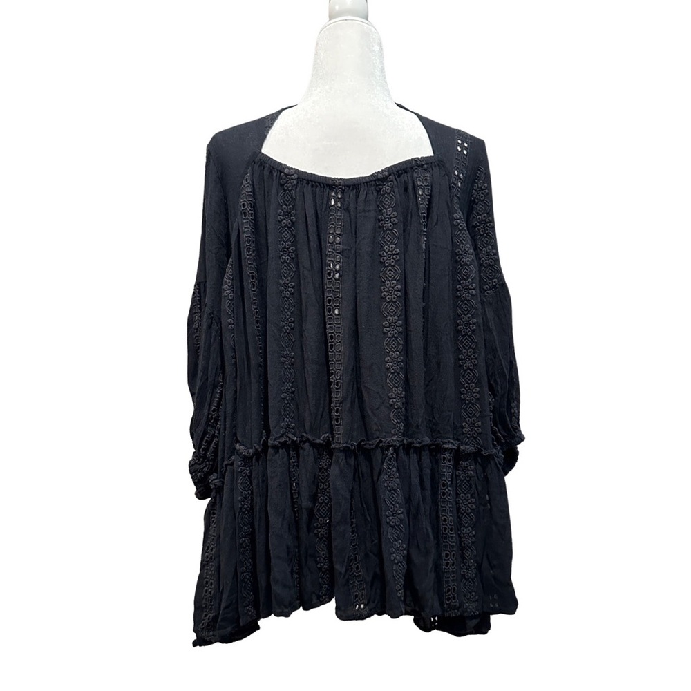 Free People Long Sleeve Blouse Black Flowy Hippie Boho Festival Shirt Size Small - Picture 3 of 4